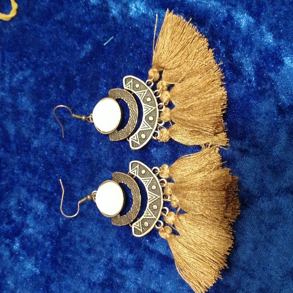 Moonstone Bronze Brown Tassel 3.5" Fishhook Earring Aztec Lightweight - Picture 1 of 5